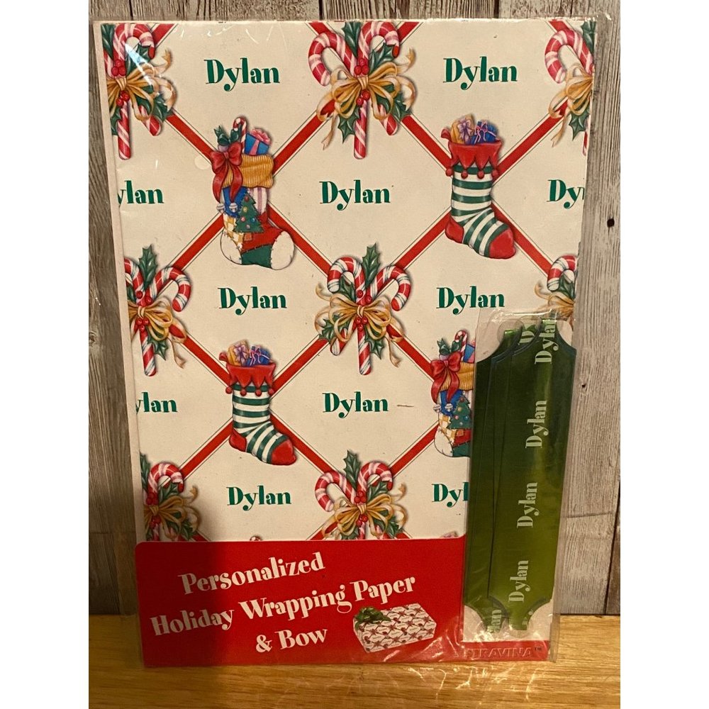 Vintage Stravina Dylan Personalized Holiday Christmas Wrapping Paper & Bow